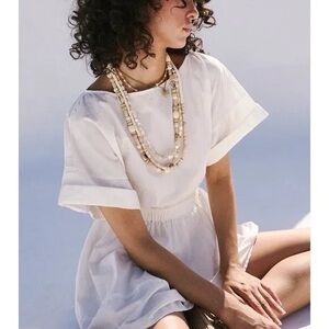 Free People White Cotton Short Sleeve Elastic Waist Mini Dress Large